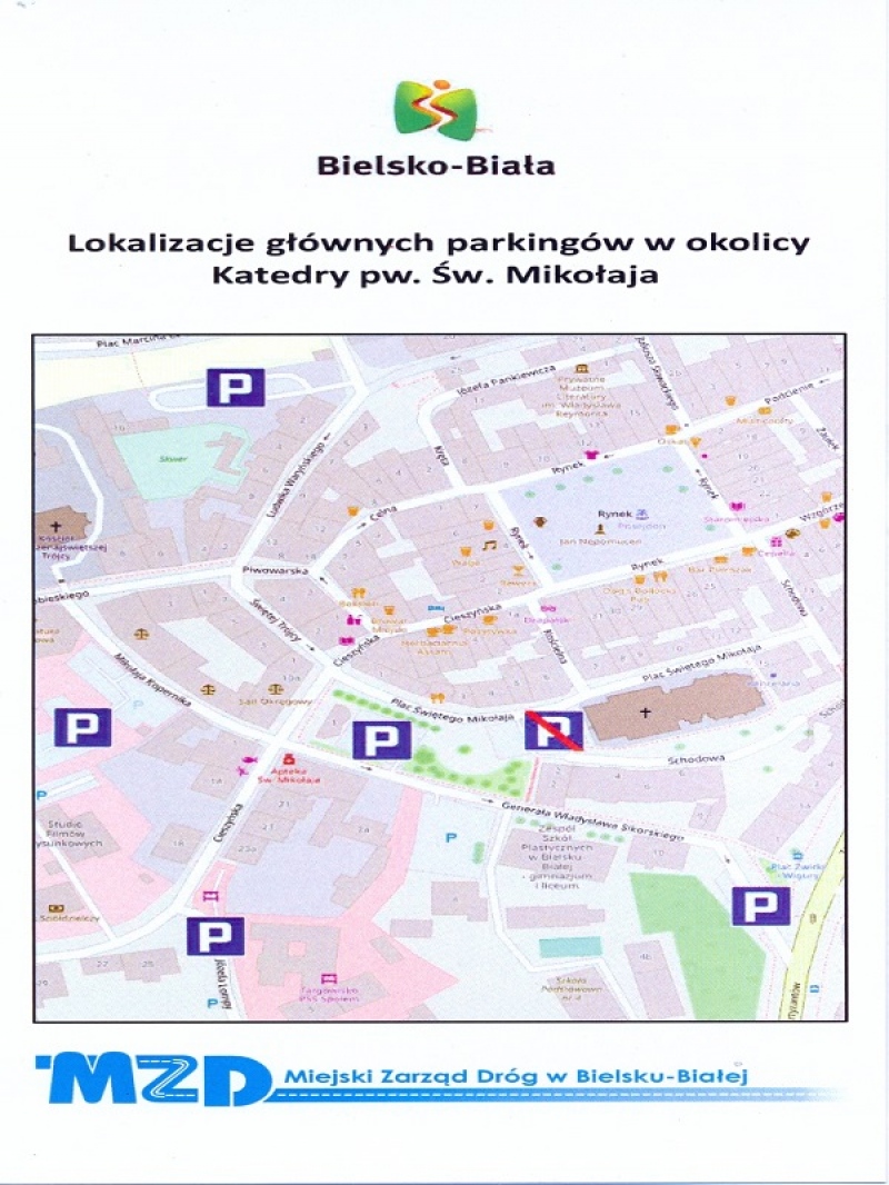 foto:  Lokalizacje głównych parkingów w okolicy Katedry pw. św. Mikołaja w Bielsku-Białej.